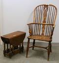 English Windsor Elmwood Armchair and a Diminutive Kittinger Jacobeanstyle Carved Oak Dropleaf Table