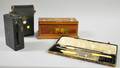 Cased ThreePiece IvorineHandled Carving Set a Parquetry and Painted Floral Decorated Wooden Jewel Box and a Cine Kodak Model B M