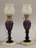 Pair of Amethyst Glass Fluid Lamps with Marble Bases