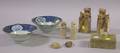 Five Carved Asian Stone Items Two Scarabs and Two Blue and White Porcelain Bowls