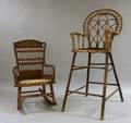 Late Victorian Childs Woven Wicker and Wood High Chair and a Woven Wicker Armrocker