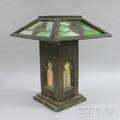 Early Arts  Crafts Oak and Leaded Glass Table Lamp
