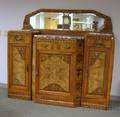 French Art Deco Marbletop Carved Walnut Mirrored Sideboard