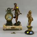 Patinated Cast Metal Figural Mantel Clock with Marble Base and a Giltbronze Figure of a European Young Warrior