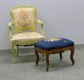 Louis XV Style Upholstered Painted Carved Wood Bergere and a Victorian Rococo Revival Needlepoint Upholstered F