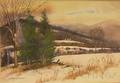 Framed Watercolor on Paperboard Landscape Winter Fields and Farm
