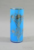 Sterling Silver Overlay Blue Cased Cylindrical Glass Vase