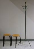 Painted Metal Coat Rack and a Pair of Oak and Metal Stools