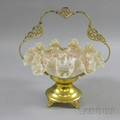 Victorian Ruffled Glass Handpainted Brides Basket and Stand