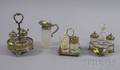 Three Diminutive Silver Plated Condiment Sets and a Syrup Jug