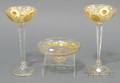 Pair of Moserstyle Gilded and Red Enameled Colorless Glass Compotes and an Associat ed Footed Bowl