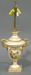Crown Derby Painted and Parcelgilt Porcelain Topographical Urnform Lamp