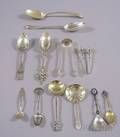 Five Sterling Souvenir Spoons and Seven Sterling Silver Serving Spoons and Tongs