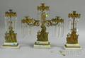 Threepiece Giltmetal Figural and Marblebase Girandole Candelabra Set with Prisms