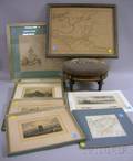 Nine Assorted Framed and Unframed Decorative Prints and Maps and a Needlepoint Upholstered Louis XVI Style Foo