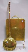 Brass Bedwarmer with Turned Wood Handle and a Brass Fireplace Screen