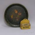 Painted Tin Hanging Matchbox and a Round Fruitpainted Tin Tray