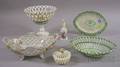 Five Reticulated Ceramic Table Items and an Enameled Bristol Glass Scent Bottle