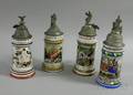 Four German Regimental Pewterlidded Handpainted Porcelain Lithophane Steins