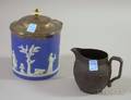 Wedgwood Blue Jasper Dip and Plated Silvermounted Biscuit Jar and Black Basalt Cream Jug