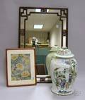 Chinese Framed Embroidered Panel Export Porcelain Covered Jar and an Asian Hardwood Framed Mirror
