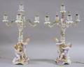 Pair of German Gilt and Handpainted Encrusted Porcelain Figural FiveLight Candelabrum