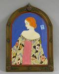 Small Gesso Framed Art Deco Gouache on Paper Portrait of a Woman Wearing an OfftheShoulder Dress