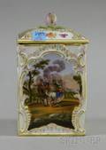 German Gilt and Handpainted Floral and Battling Horsemen Decorated Porcelain Jar with Cover