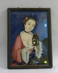 Chinese Framed Reversepainted Portrait on Glass Depicting a Young Woman with a Clock