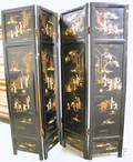 Asian Gilt and Carved Hardstone Ivory and Motherofpearl Inset Figural Decorated Black Lacquer Folding FourPanel Floor Screen