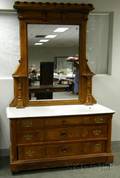 Victorian White Marbletop Carved Oak Mirrored Dresser