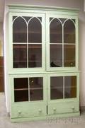 Large Bluepainted Gothic Revival Glazed Wooden Stepback Bookcase