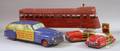 Three Wyandotte Tin Lithographed Automobile Toys and a Redpainted Sheet Metal Trolley