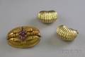 Antique 18kt Gold Gemset Brooch and a Pair of 14kt Gold Shrimpform Earrings