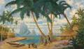 American School 20th Century South Pacific Landscape with Net Menders