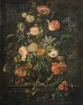 DutchFlemish School 17th Century Style Still Life with Flowers Fruit Insects and Acorns