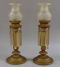 Pair of Brass Table Lamps with Frosted Etched Glass Shades and Prisms