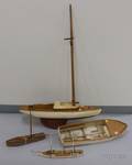 Seven Wooden Boat and Sailboat Models a Hull and a Plastic Sailboat Model