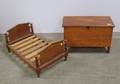 Dolls Gothic Revival Wooden Spool Bed and a Pine SixBoard Blanket Box
