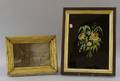 Framed L Prang Chromolithograph Sledding and a Framed Painted Tinsel Bouquet of Flowers