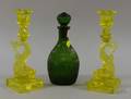 Pair of Museum Reproduction Sandwich Canary Yellow Glass Dolphinform Candlesticks and Green Blown Molded Glass Deca Decanter
