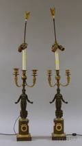 Pair of Neoclassical Gilt and Patinated Metal Figural TwoLight CandelabraTable Lamps