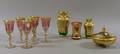 Set of Six Bohemian Gilt Cranberry Flash and Colorless Glass Wines and a Set of Three Gilt and Enameled Colored