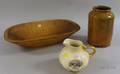 Glazed Redware Jar a Hampshire Pottery Commodore MacDonoughs Victory Pitcher and a Handhewn Oblong Trencher