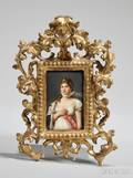 Small Giltwood Framed German Handpainted Porcelain Portrait Plaque of a Young Woman