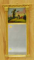 Federal Giltwood Tabernacle Mirror with Reversepainted Glass Tablet Depicting a Home in a Landscape