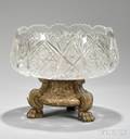 Large Colorless Cut Glass Bowl with Brassplated Cast Metal Base