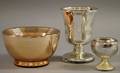 Mercury Glass Footed Salt Etched Goblet and Peachtinted Footed Bowl