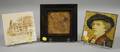 Two Decorated Pottery Tiles and a Framed Carved Marble Classical Profile Portrait Plaque