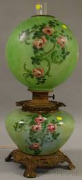 Late Victorian Rosedecorated Glass and Brass GonewiththeWind Kerosene Table Lamp